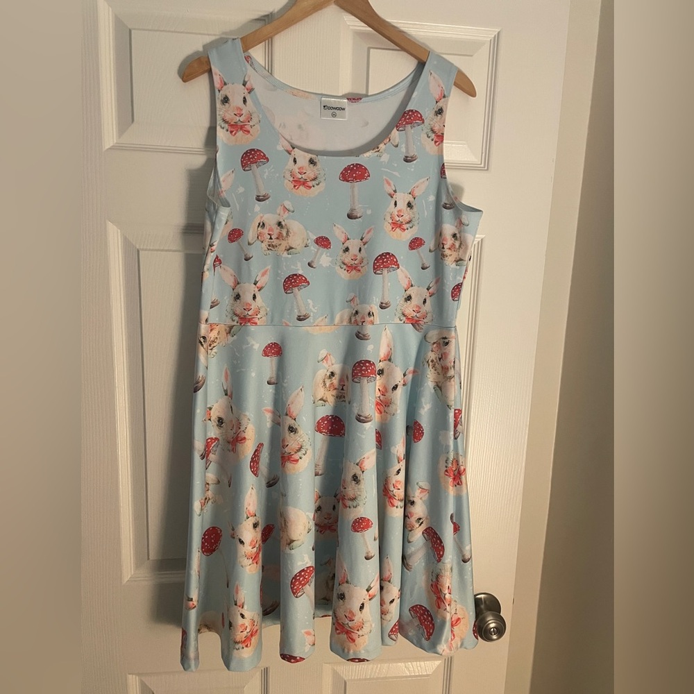 Blue Dress with Bunny and Mushroom Print
